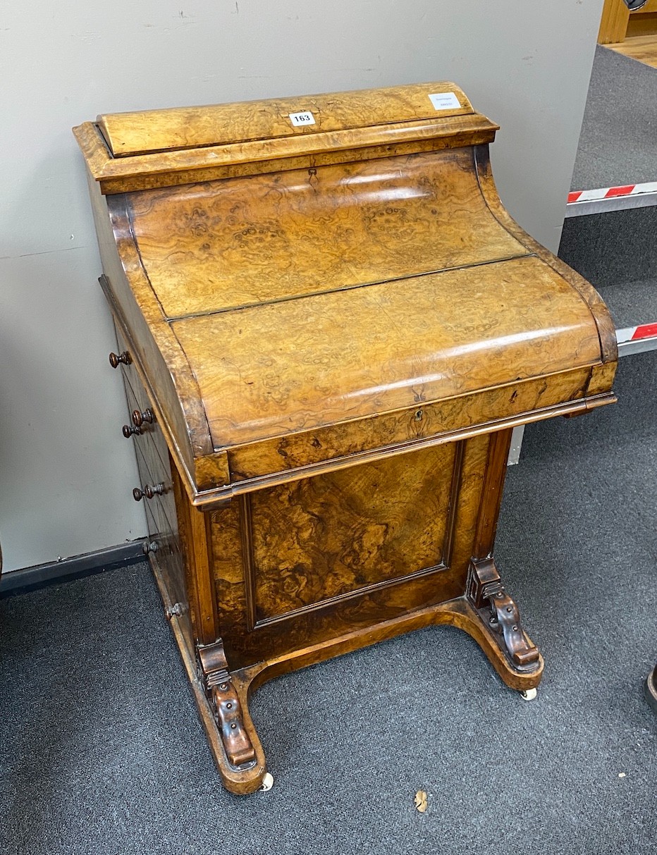 A Victorian burr walnut pop-up piano front davenport, width 57cm, depth 56cm, height 87cm